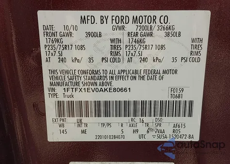 2010 Ford F-150 Fx4/Lariat/Xl/Xlt from USA, damaged, VIN 1FTFX1EV0AKE80661